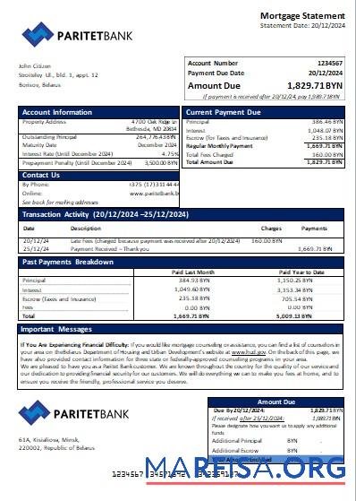 Weißrussland Paritet Bank Hypothek Kontoauszug scr Mockup