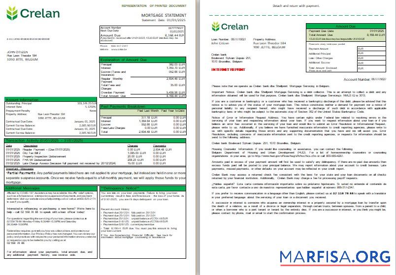 Belgien Crelan Bank Hypothek Kontoauszug, 3 pages, 1 2 scr Probe