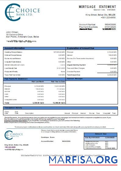 Belize Choice Bank Hypothek Kontoauszug scr Vorschau