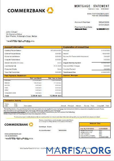 Belize Commerzbank Bank Hypothek Kontoauszug scr Mockup