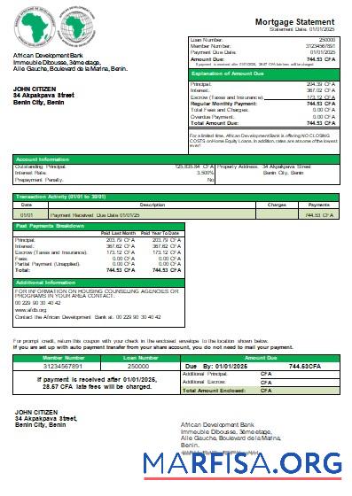 Benin African Development Bank Hypothek Kontoauszug scr Design