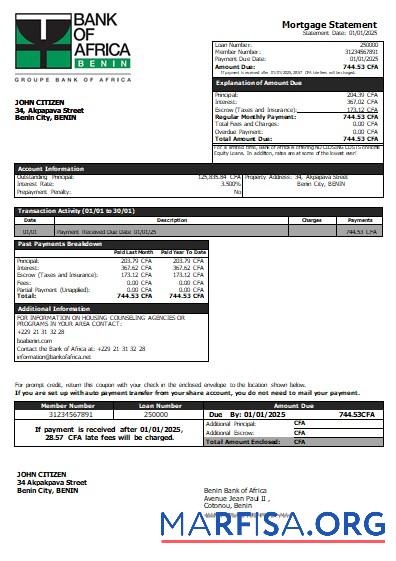 Benin Bank of Africa Bank Hypothek Kontoauszug scr Probe