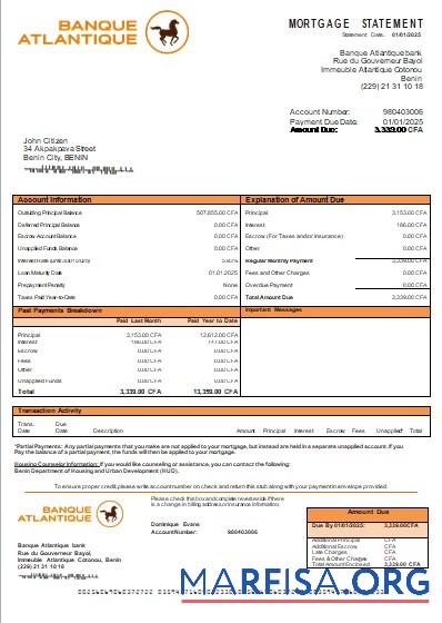 Benin Banque Atlantique Bank Hypothek Kontoauszug scr Probe