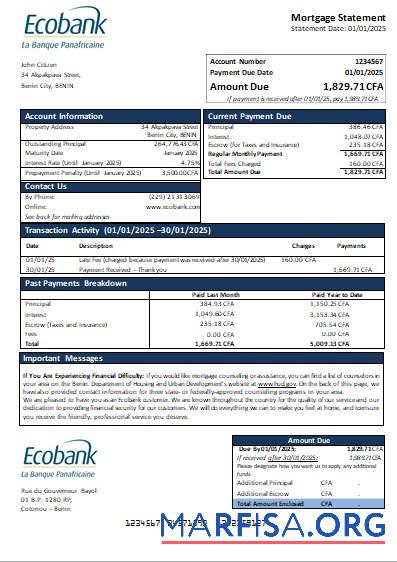 Benin Ecobank Bank Hypothek Kontoauszug scr Design
