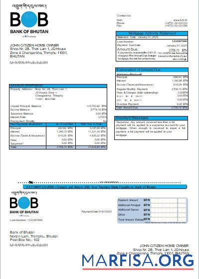 Bhutan Bank of Bhutan Bank Hypothek Kontoauszug scr Vorschau
