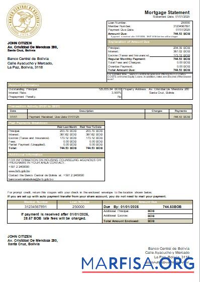 Bolivien Banco Central de Bolivien Bank Hypothek Kontoauszug scr Vorschau