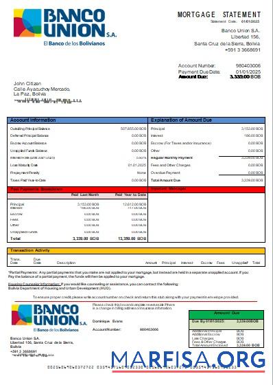 Bolivien Banco Union Bank Hypothek Kontoauszug scr Design