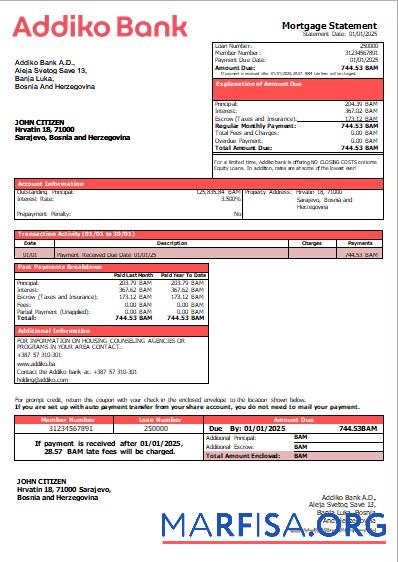 Bosnien und Herzegowina Addiko Bank Hypothek Kontoauszug scr Design