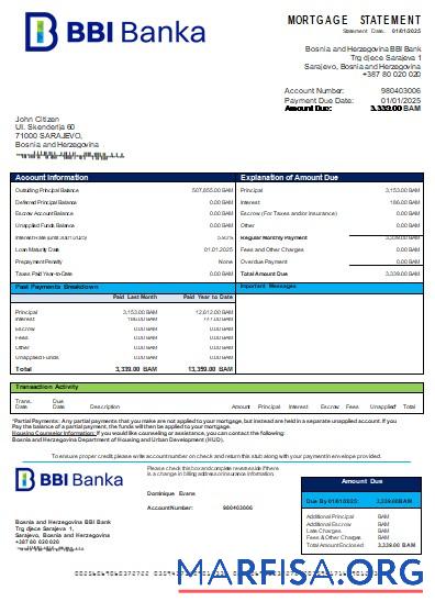 Bosnien und Herzegowina BBI Bank Bank Hypothek Kontoauszug scr Probe
