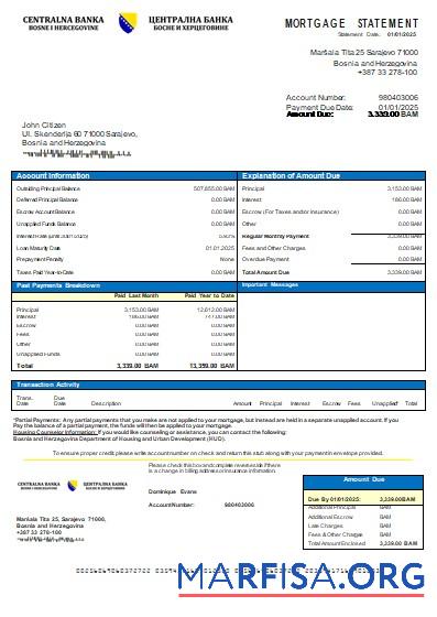 Bosnien und Herzegowina Central Bank Hypothek Kontoauszug scr Design