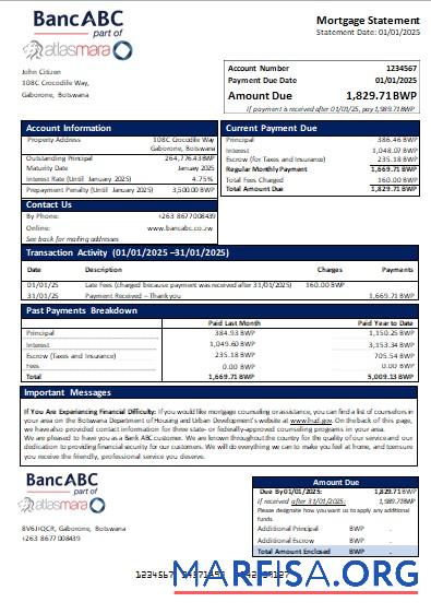 Botswana Bank ABC Bank Hypothek Kontoauszug scr Vorlage