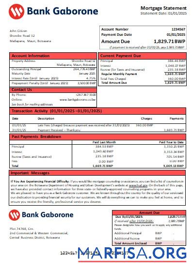 Botswana Bank Gaborone Bank Hypothek Kontoauszug scr Vorlage