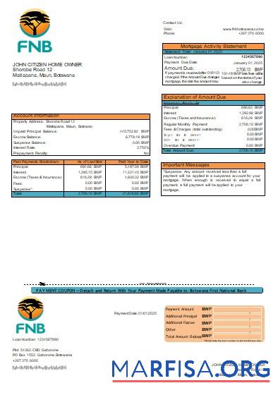 Botswana First National Bank Hypothek Kontoauszug scr Mockup
