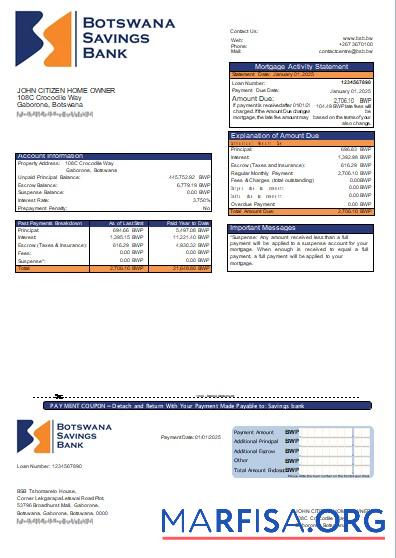 Botswana Savings Bank Hypothek Kontoauszug scr Design