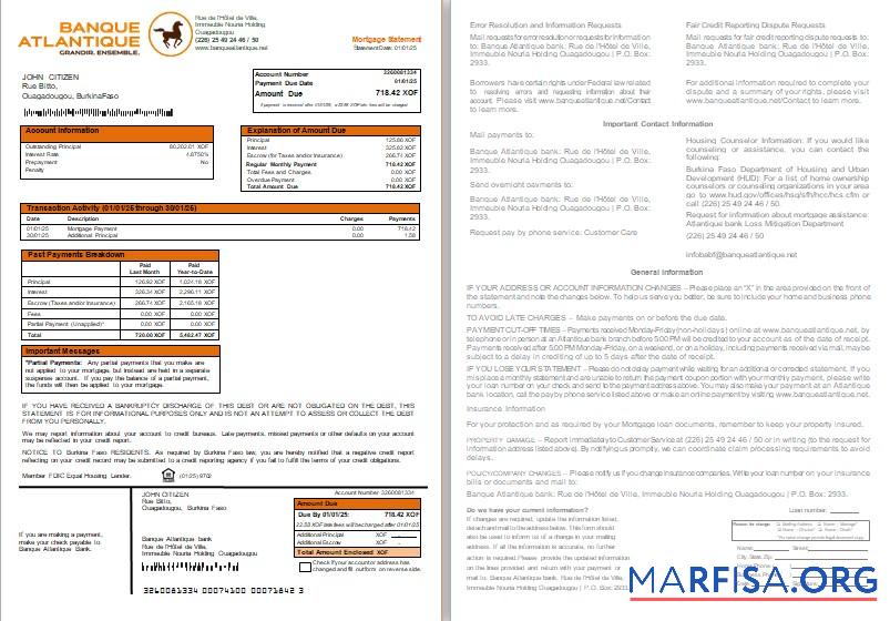 Burkina Faso Banque Atlantique Bank Hypothek Kontoauszug, 2 pages, 1 2 scr Design
