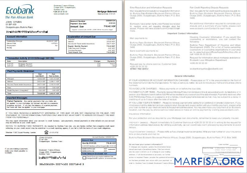Burkina Faso Ecobank Bank Hypothek Kontoauszug, 2 pages, 1 2 scr Mockup