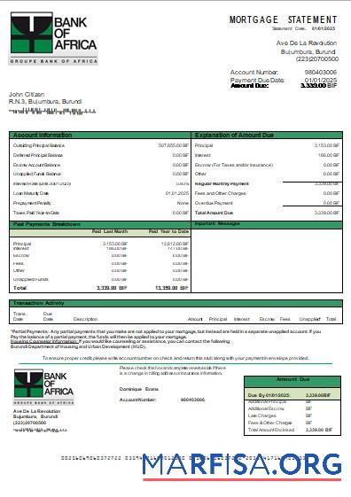 Burundi Bank of Africa Bank Hypothek Kontoauszug scr Vorlage