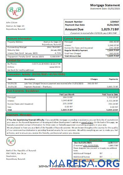 Burundi Bank of the Republic of Burundi Bank Hypothek Kontoauszug scr Vorlage