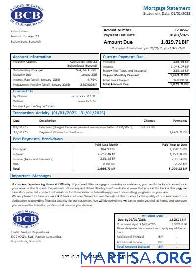Burundi Kredit Bank of Bujumbura Bank Hypothek Kontoauszug scr Mockup