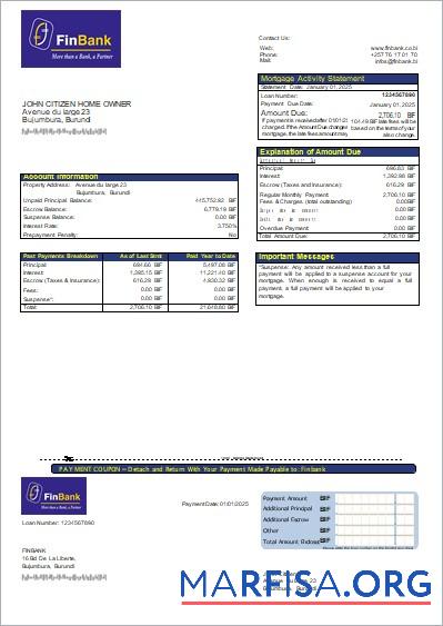 Burundi Finbank Bank Hypothek Kontoauszug scr Vorlage