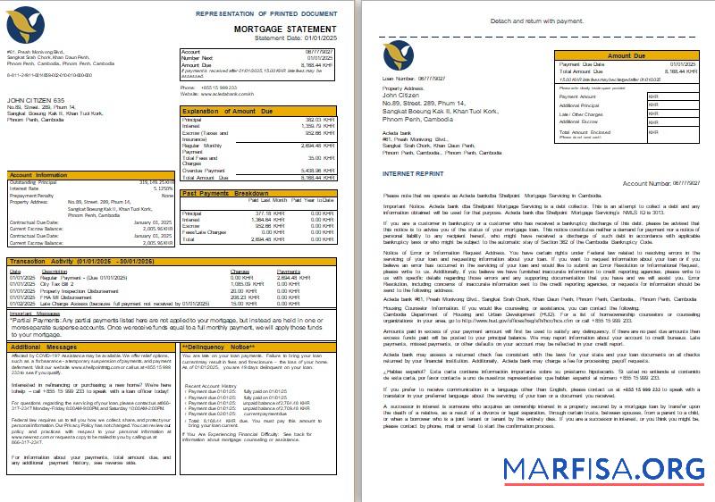 Kambodscha Acleda Bank Hypothek Kontoauszug, 3 pages, 1 2 scr Probe