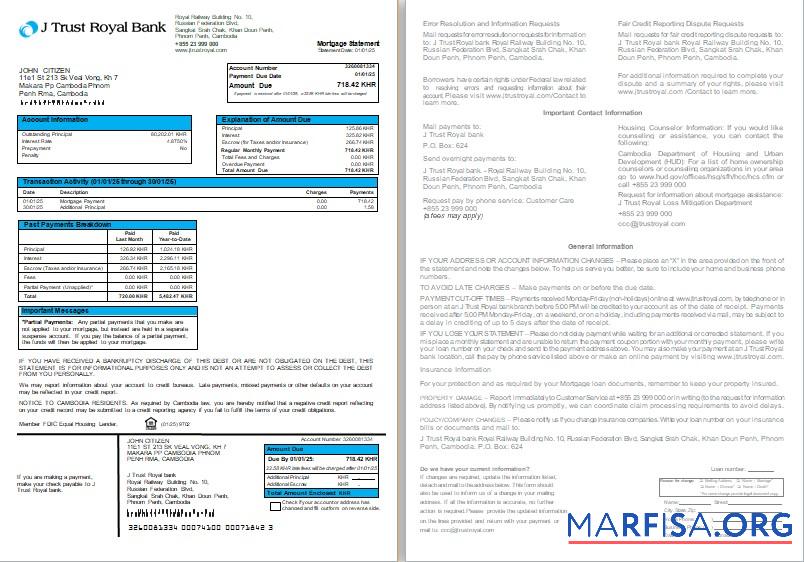 Kambodscha J Trust Royal Bank Hypothek Kontoauszug, 2 pages, 1 2 scr Design