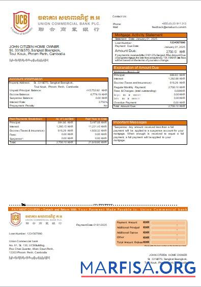 Kambodscha Union Kommerziell Bank Hypothek Kontoauszug scr Vorschau