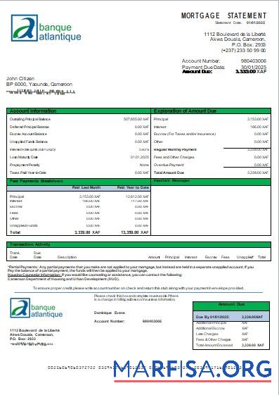 Kamerun Atlantic Bank Hypothek Kontoauszug scr Design