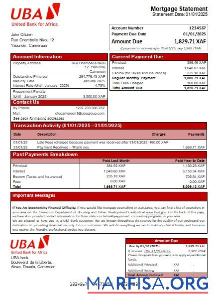Kamerun UBA Bank Hypothek Kontoauszug scr Design