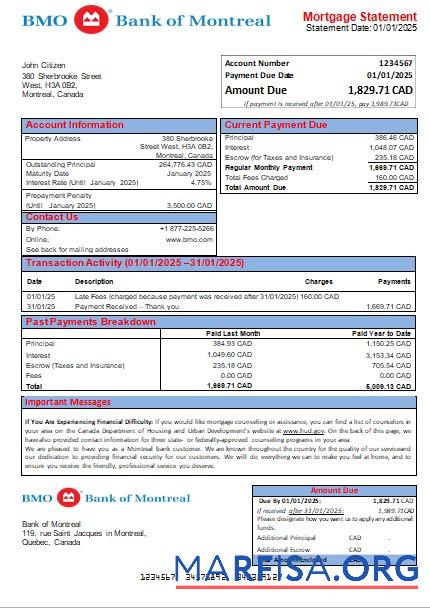 Kanada Bank of Montreal Bank Hypothek Kontoauszug scr Design