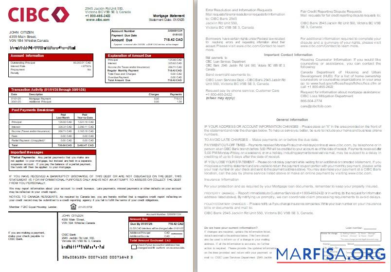 Kanada CIBC Bank Hypothek Kontoauszug, 2 pages, 1 2 scr Probe