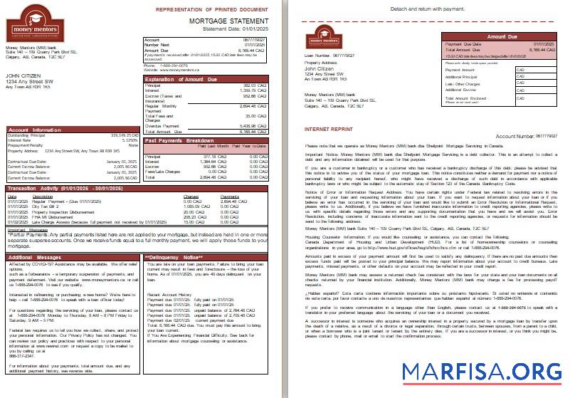 Kanada Money Mentors (MM) Bank Hypothek Kontoauszug, 3 pages, 1 2 scr Probe