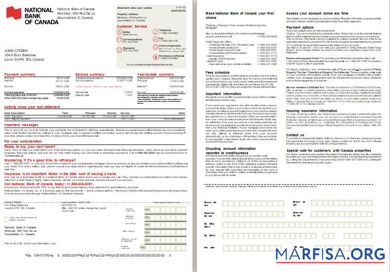 Kanada National Bank of Kanada Bank Hypothek Kontoauszug, 2 pages, 1 2 scr Design