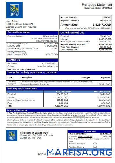 Kanada Royal Bank of Kanada (RBC) Bank Hypothek Kontoauszug scr Mockup