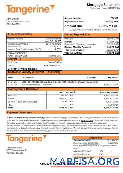 Kanada Tangerine Bank Hypothek Kontoauszug scr Vorschau