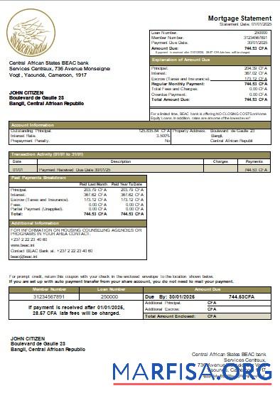 Zentralafrikanische Republik BEAC Bank Hypothek Kontoauszug scr Probe
