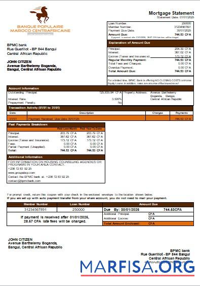 Zentralafrikanische Republik BPMC Bank Hypothek Kontoauszug scr Probe