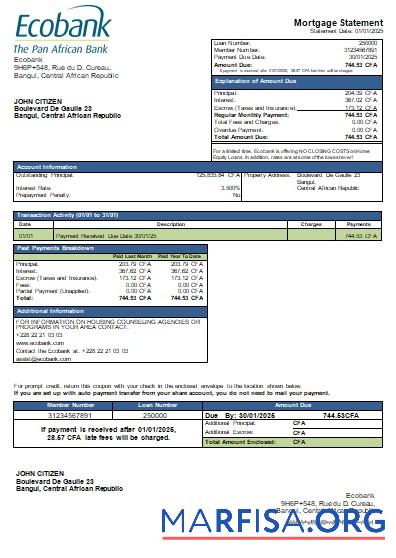 Zentralafrikanische Republik Ecobank Bank Hypothek Kontoauszug scr Vorlage