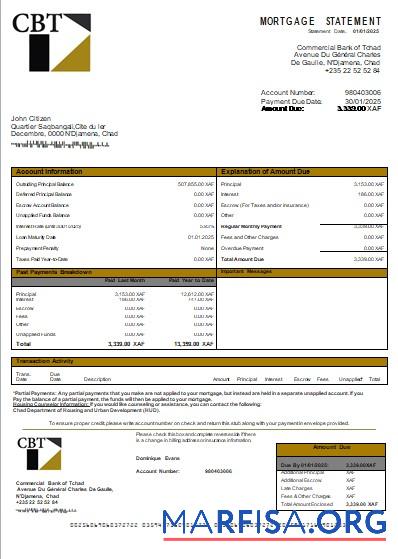 Tschad Kommerziell Bank of Tchad Bank Hypothek Kontoauszug scr Vorlage