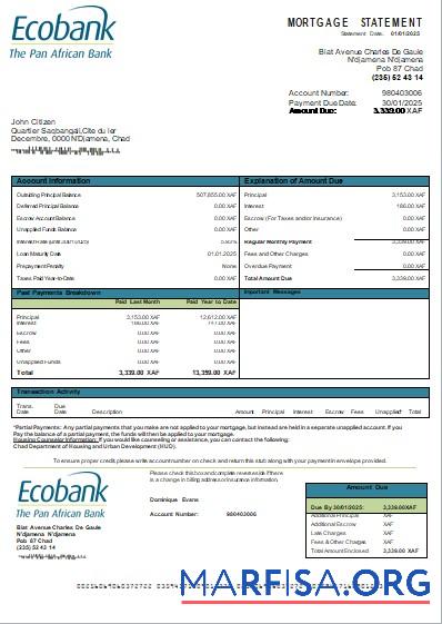 Tschad Ecobank Bank Hypothek Kontoauszug scr Mockup
