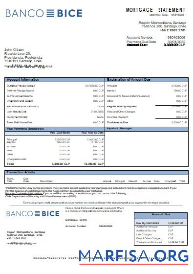Chile Banco Bice Bank Hypothek Kontoauszug scr Probe