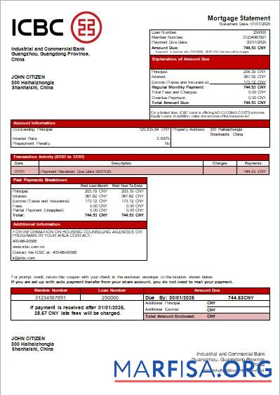 China ICBC Bank Hypothek Kontoauszug scr Vorschau