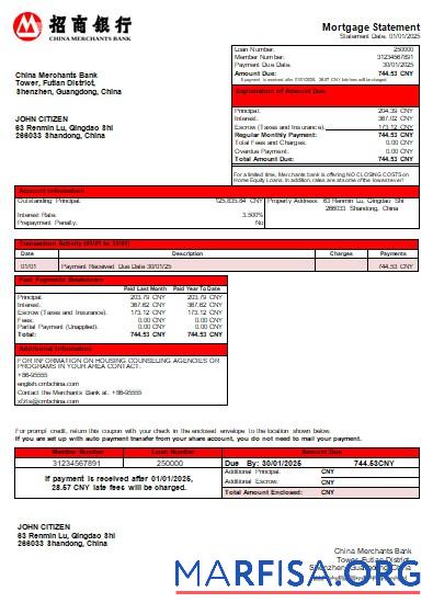 China Merchants Bank Hypothek Kontoauszug scr Mockup