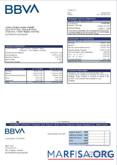 Kolumbien BBVA Bank Hypothek Kontoauszug scr Probe