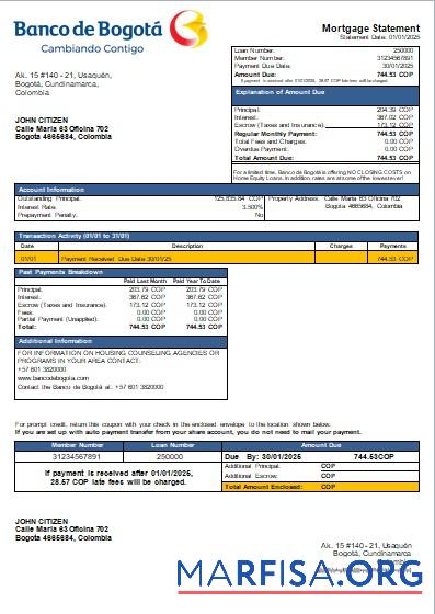 Kolumbien Banco de Bogota╠ü Bank Hypothek Kontoauszug scr Vorschau