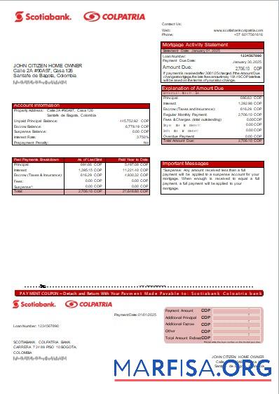 Kolumbien Scotiabank Colpatria Bank Hypothek Kontoauszug scr Design