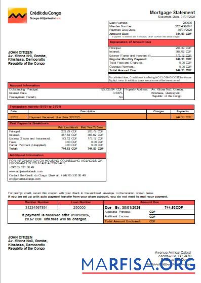 Kongo Kredit du Kongo Bank Hypothek Kontoauszug scr Probe