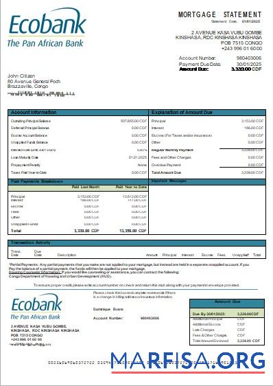 Kongo Ecobank Bank Hypothek Kontoauszug scr Design