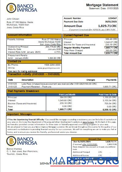 Costa Rica Banco Improsa Bank Hypothek Kontoauszug scr Mockup