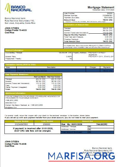 Costa Rica Banco Nacional Bank Hypothek Kontoauszug scr Probe